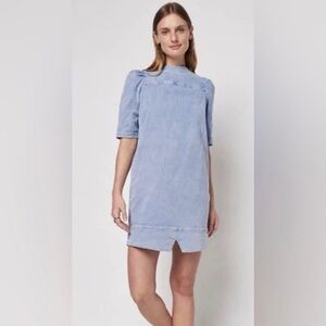 FAHERTY Organic Throwback Jean Denim Puff Sleeve Pullover Mini Shift Dress M